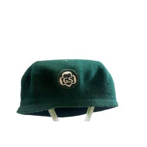 Vintage Girl Scouts Green Wool Beret Hat With GS Logo Patch Made In France